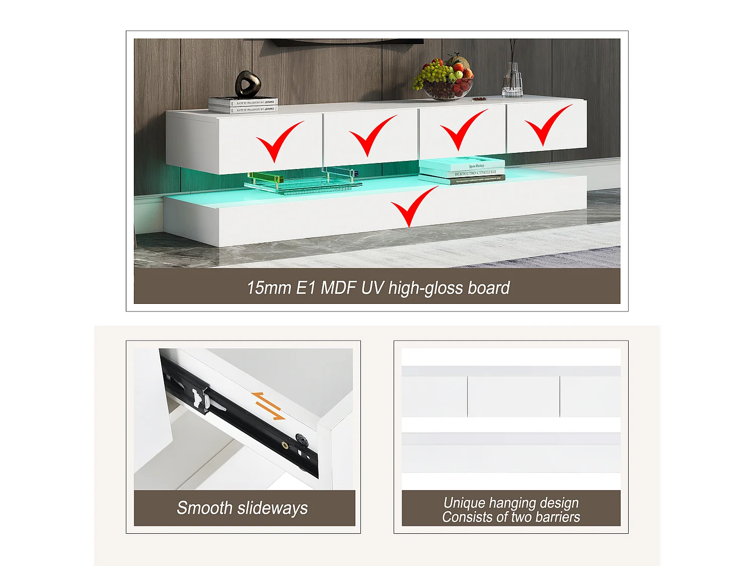 Modernes, niedriges TV-Wandmöbel – 130 x 33 x 15 cm – mit LED-Beleuchtung, 2 Schränken und 4 Schubladen – MDF – weiß