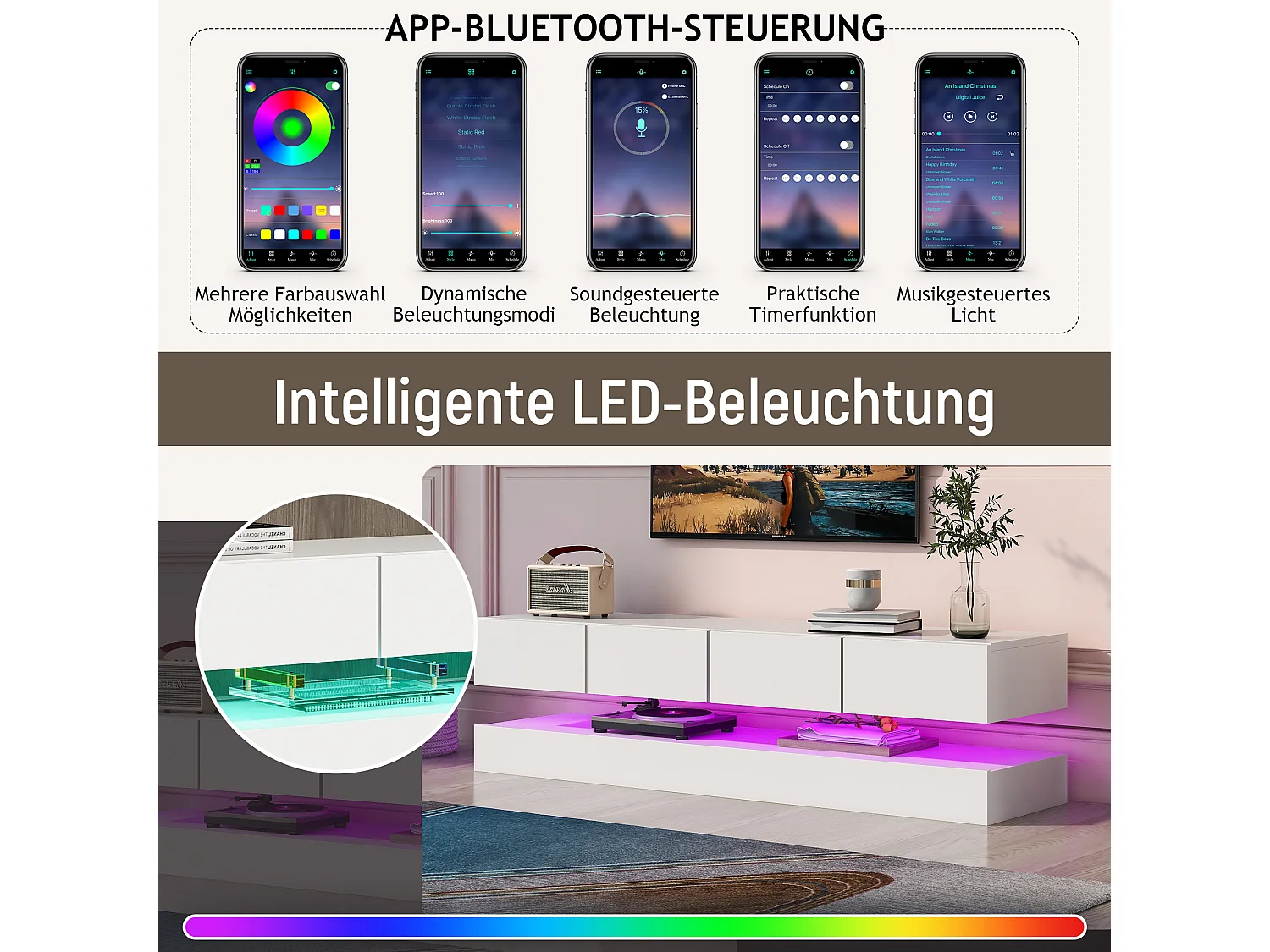 Modernes, niedriges TV-Wandmöbel – 130 x 33 x 15 cm – mit LED-Beleuchtung, 2 Schränken und 4 Schubladen – MDF – weiß