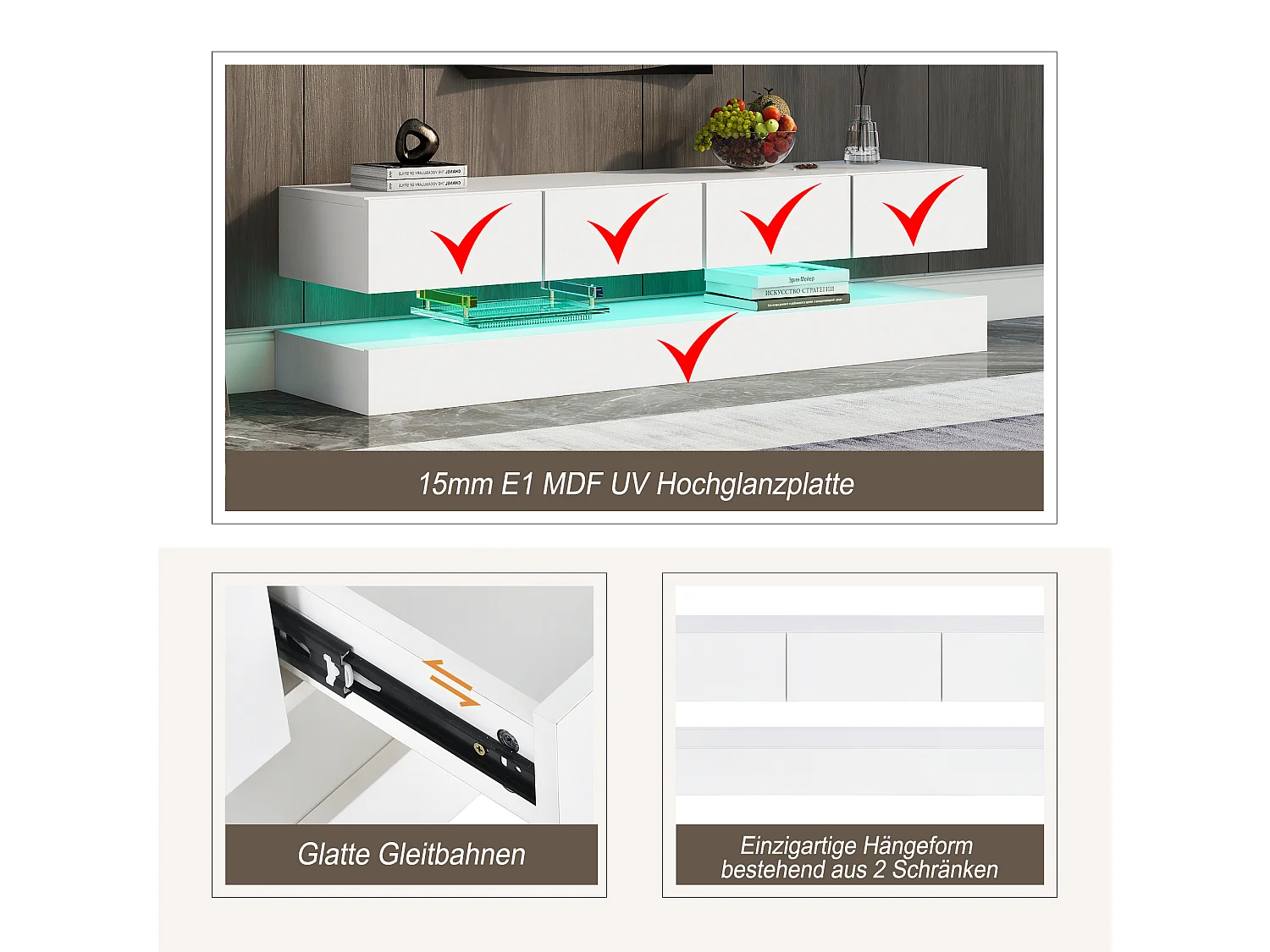 Modernes, niedriges TV-Wandmöbel – 130 x 33 x 15 cm – mit LED-Beleuchtung, 2 Schränken und 4 Schubladen – MDF – weiß