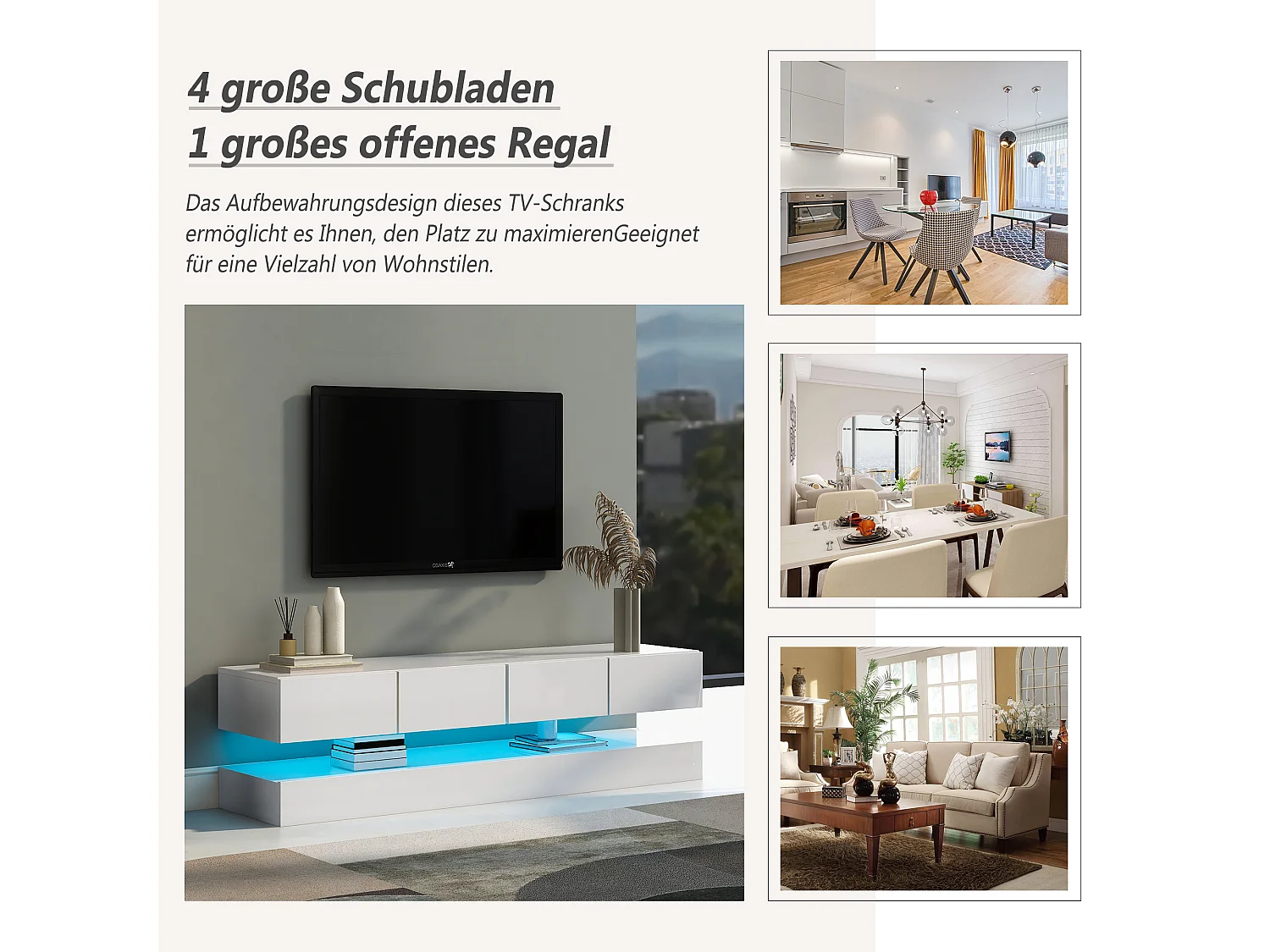 Modernes, niedriges TV-Wandmöbel – 130 x 33 x 15 cm – mit LED-Beleuchtung, 2 Schränken und 4 Schubladen – MDF – weiß