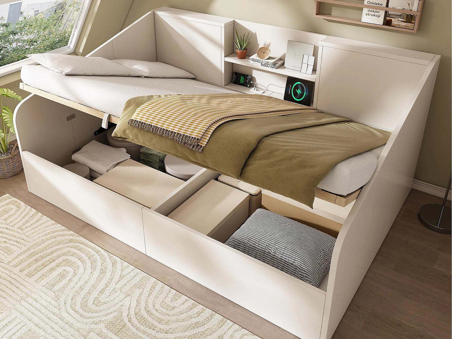 Canapé-lit coffre 140x190cm - avec USB/Type-C - avec 2 étagères - MDF + bois massif - blanc (matelas non inclus)