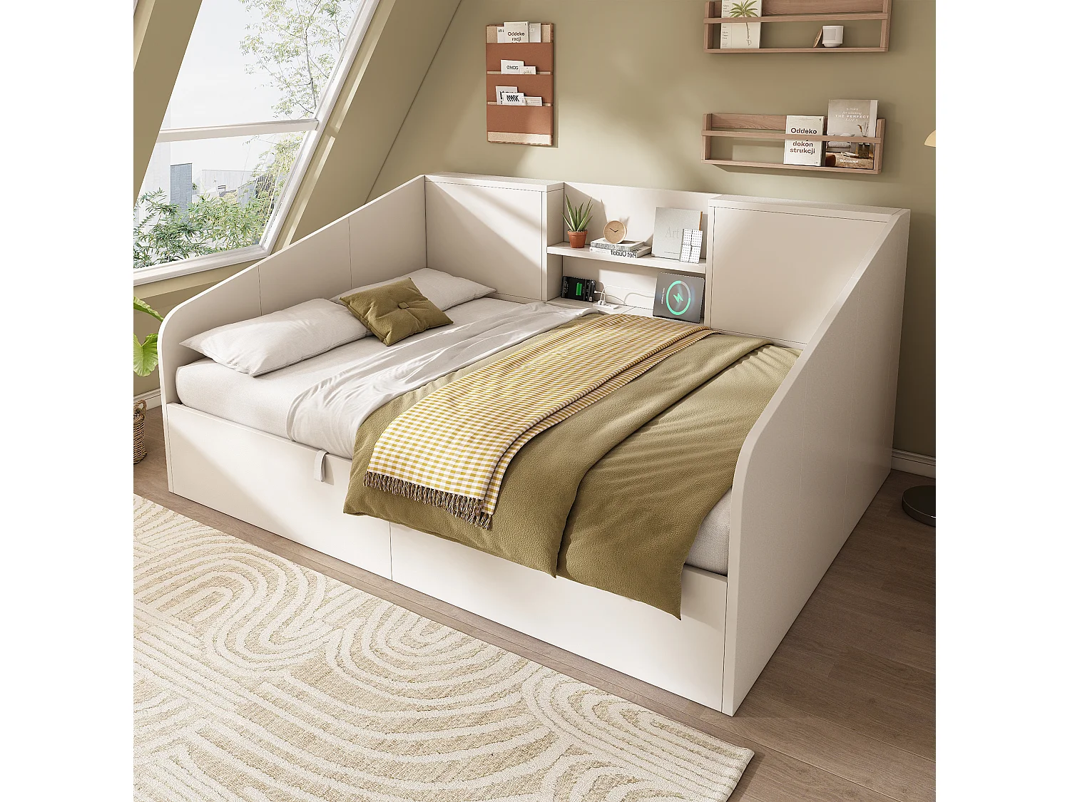 Canapé-lit coffre 140x190cm - avec USB/Type-C - avec 2 étagères - MDF + bois massif - blanc (matelas non inclus)