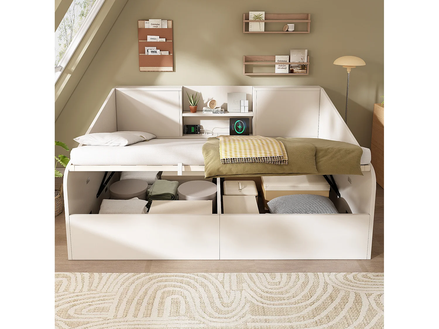 Canapé-lit coffre 140x190cm - avec USB/Type-C - avec 2 étagères - MDF + bois massif - blanc (matelas non inclus)