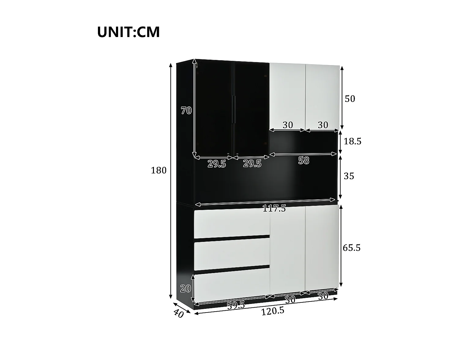 Küchenbuffet 120.5x40x180cm - 6 Türen + 3 Schubladen - mit LED-Beleuchtung - Hochmöbel - Weiß + Schwarz