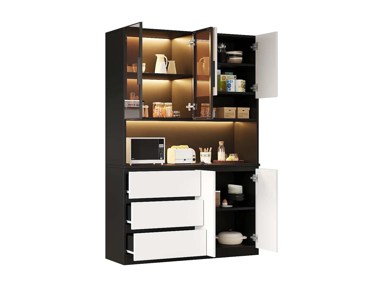 Küchenbuffet 120.5x40x180cm - 6 Türen + 3 Schubladen - mit LED-Beleuchtung - Hochmöbel - Weiß + Schwarz