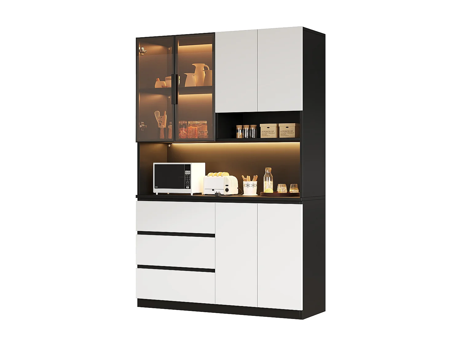 Küchenbuffet 120.5x40x180cm - 6 Türen + 3 Schubladen - mit LED-Beleuchtung - Hochmöbel - Weiß + Schwarz