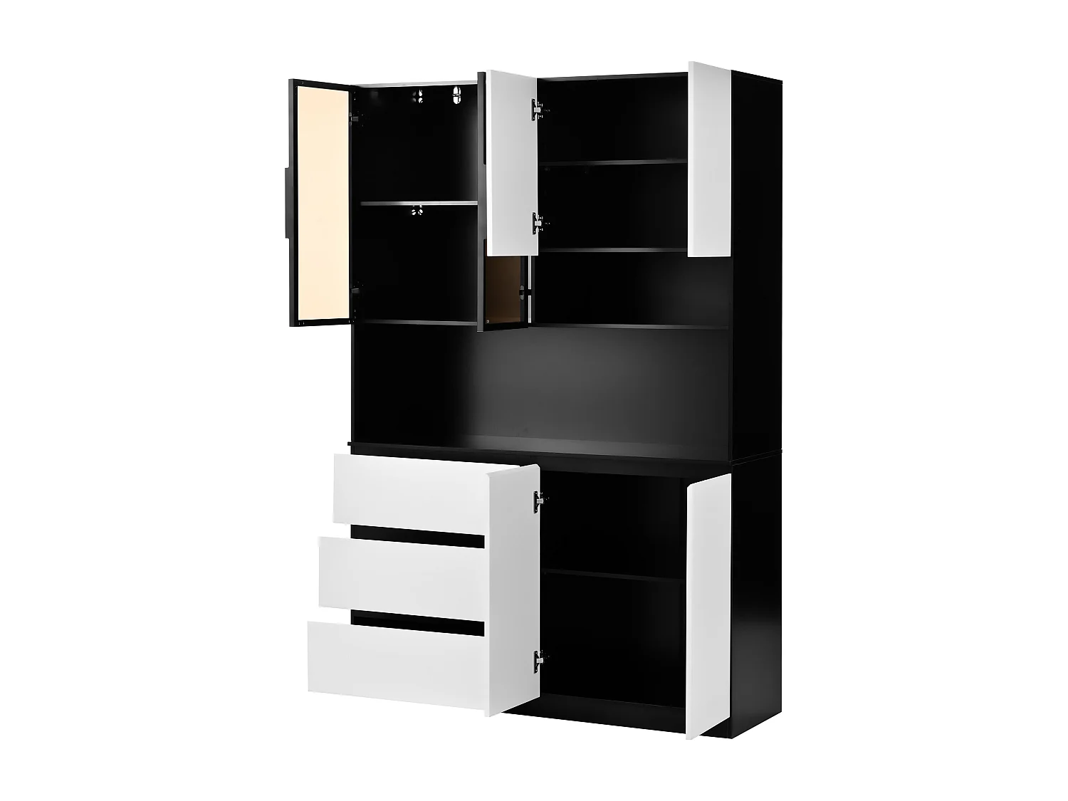 Küchenbuffet 120.5x40x180cm - 6 Türen + 3 Schubladen - mit LED-Beleuchtung - Hochmöbel - Weiß + Schwarz