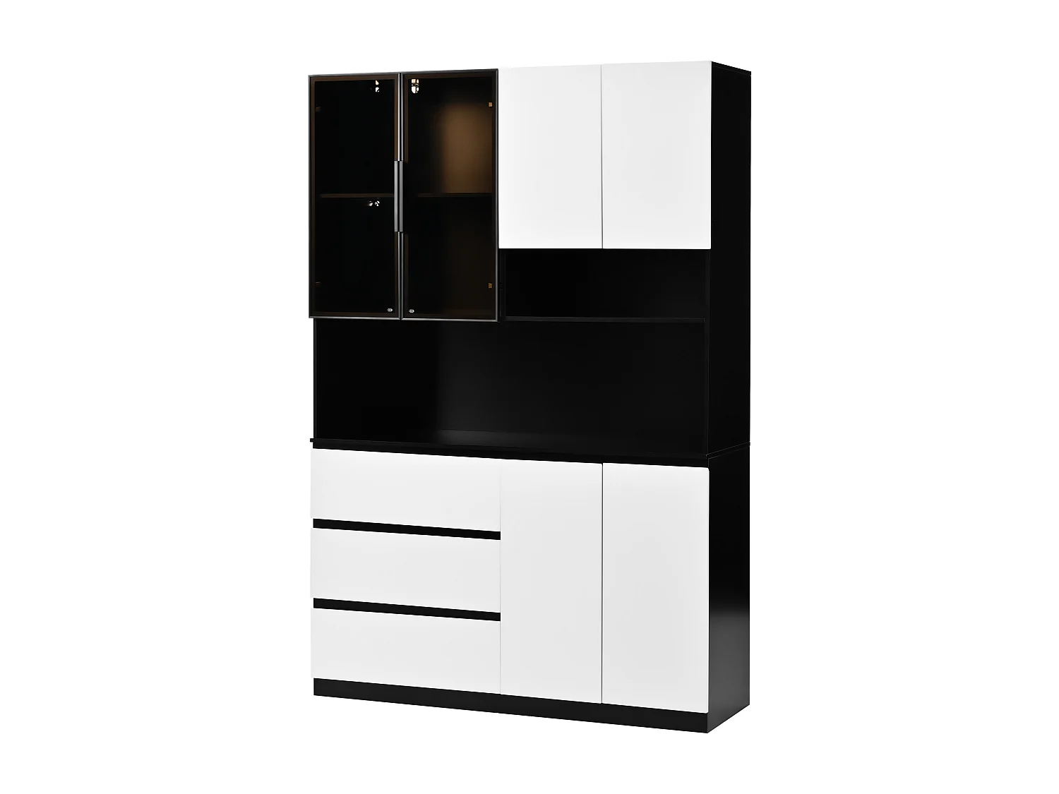 Küchenbuffet 120.5x40x180cm - 6 Türen + 3 Schubladen - mit LED-Beleuchtung - Hochmöbel - Weiß + Schwarz