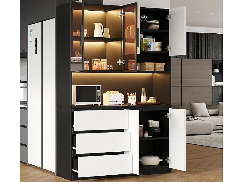 Küchenbuffet 120.5x40x180cm - 6 Türen + 3 Schubladen - mit LED-Beleuchtung - Hochmöbel - Weiß + Schwarz