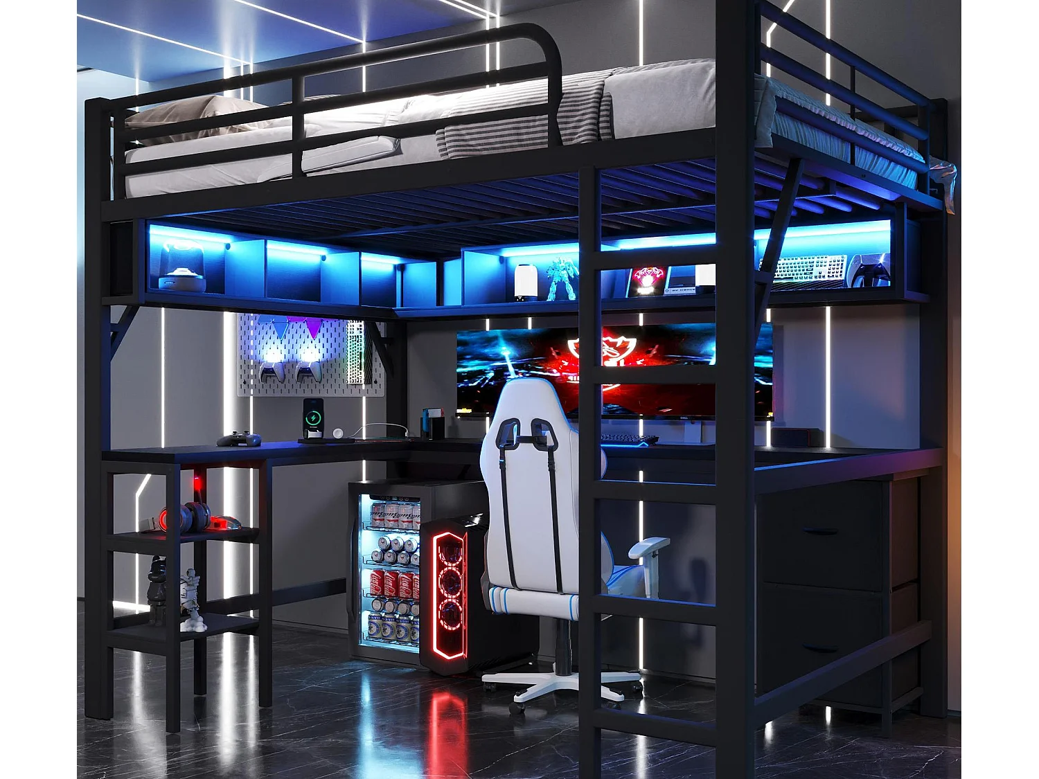 Lit mezzanine en métal 140x200 cm - avec bureau et armoire - avec tiroirs - avec port USB et LED - Noir ( sans matelas )