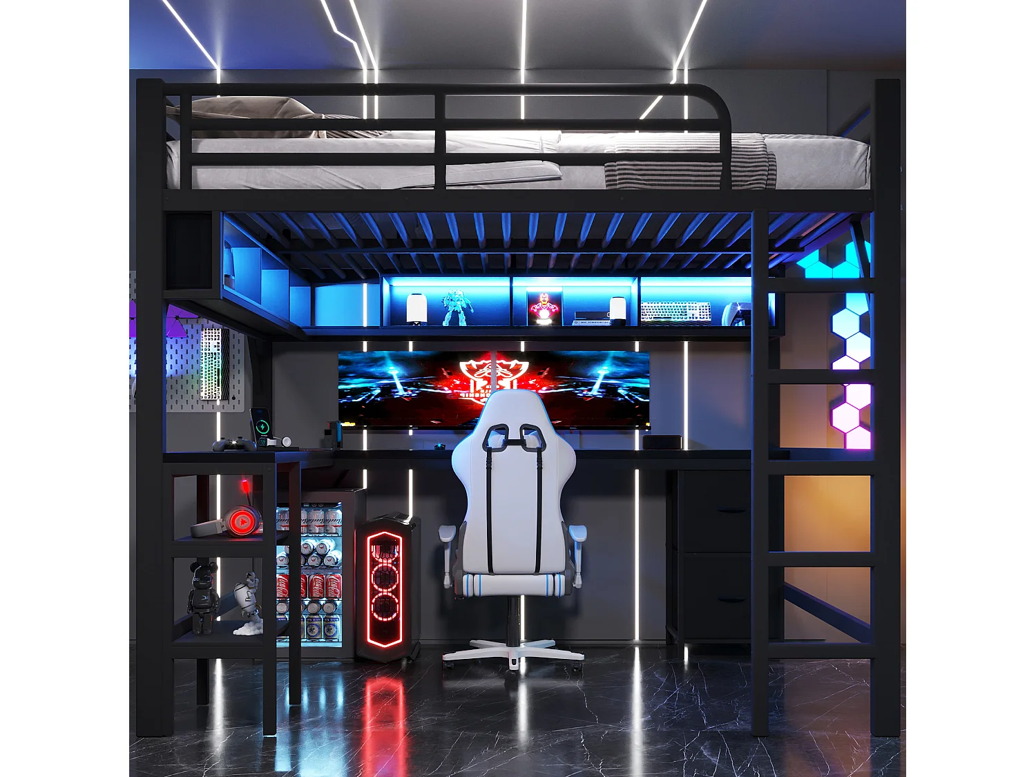 Lit mezzanine en métal 140x200 cm - avec bureau et armoire - avec tiroirs - avec port USB et LED - Noir ( sans matelas )