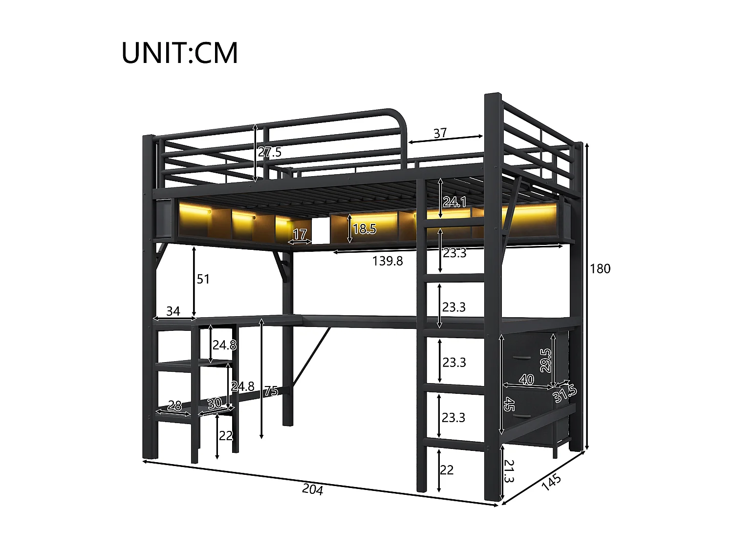 Lit mezzanine en métal 140x200 cm - avec bureau et armoire - avec tiroirs - avec port USB et LED - Noir ( sans matelas )