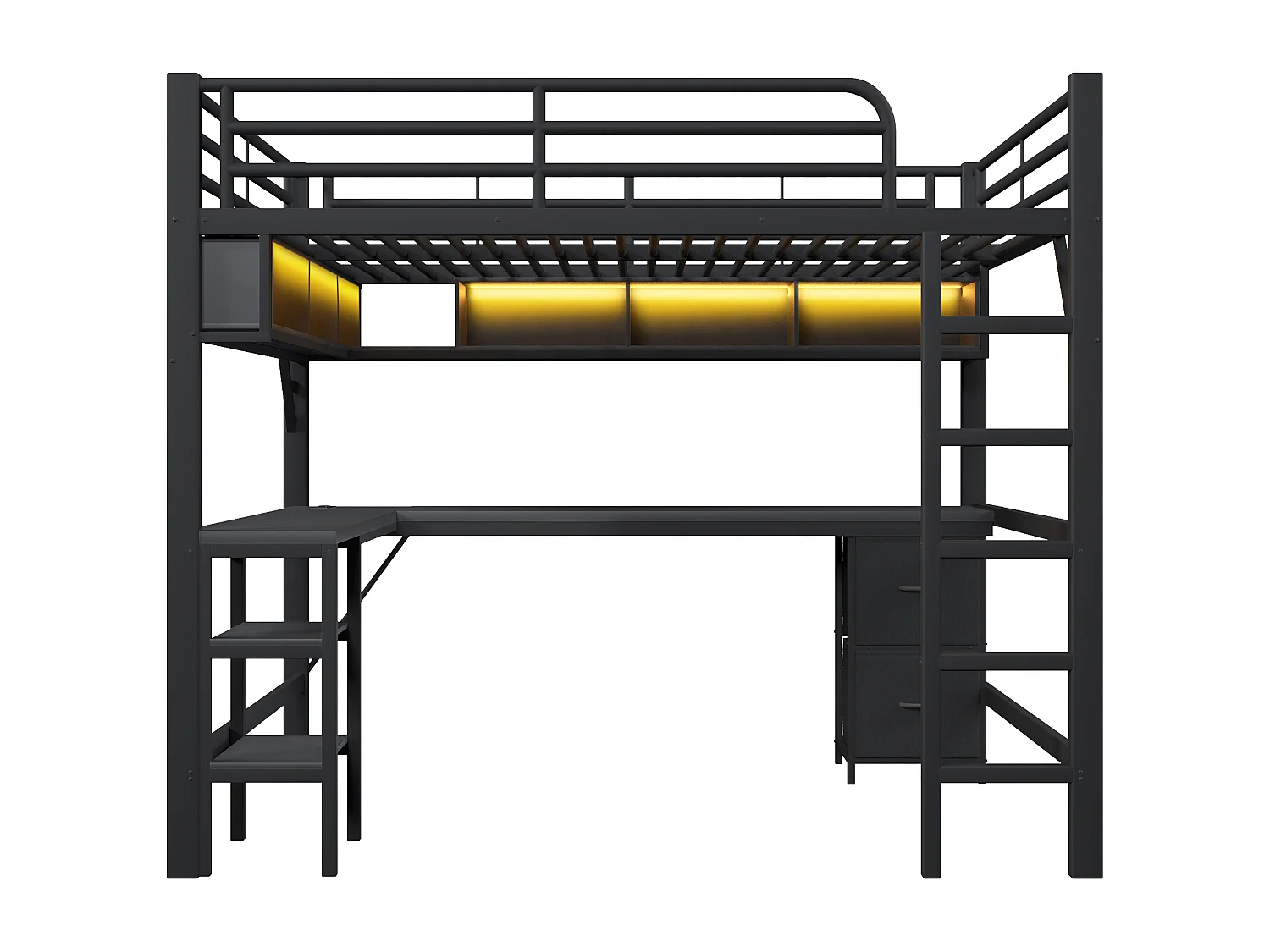 Lit mezzanine en métal 140x200 cm - avec bureau et armoire - avec tiroirs - avec port USB et LED - Noir ( sans matelas )