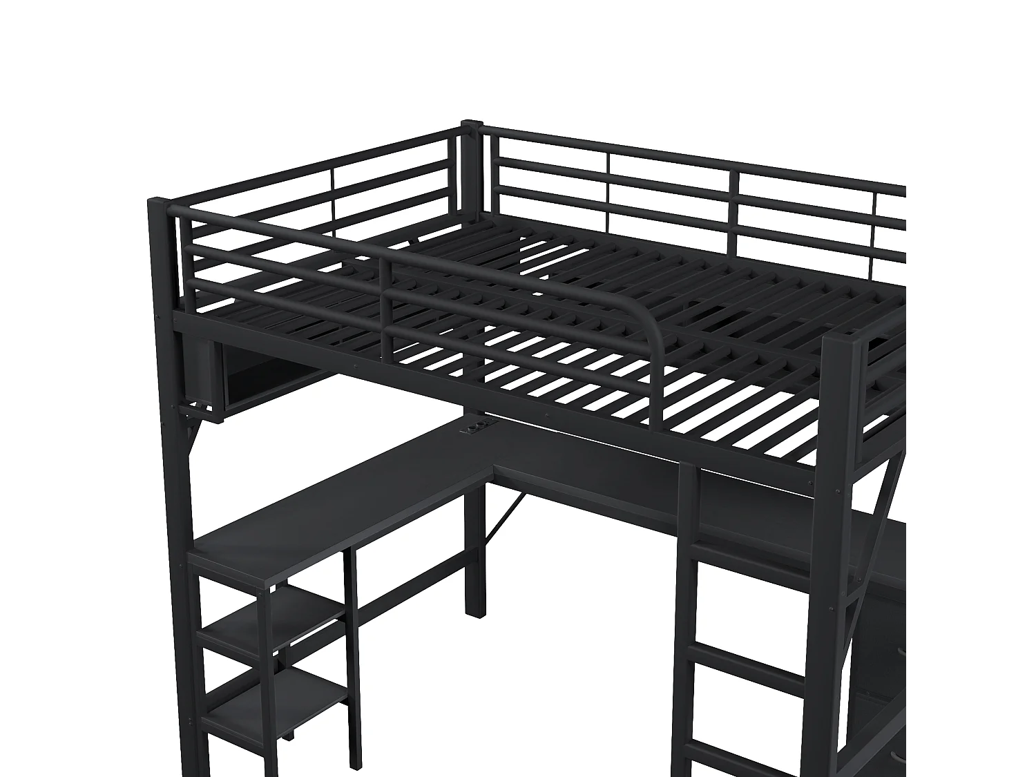 Lit mezzanine en métal 140x200 cm - avec bureau et armoire - avec tiroirs - avec port USB et LED - Noir ( sans matelas )