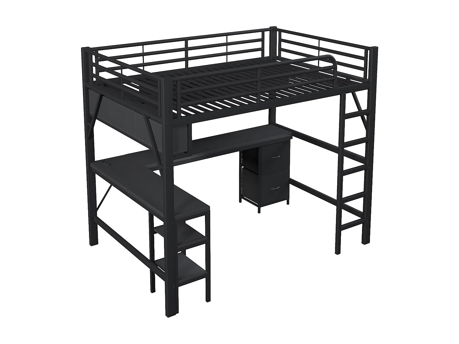 Lit mezzanine en métal 140x200 cm - avec bureau et armoire - avec tiroirs - avec port USB et LED - Noir ( sans matelas )