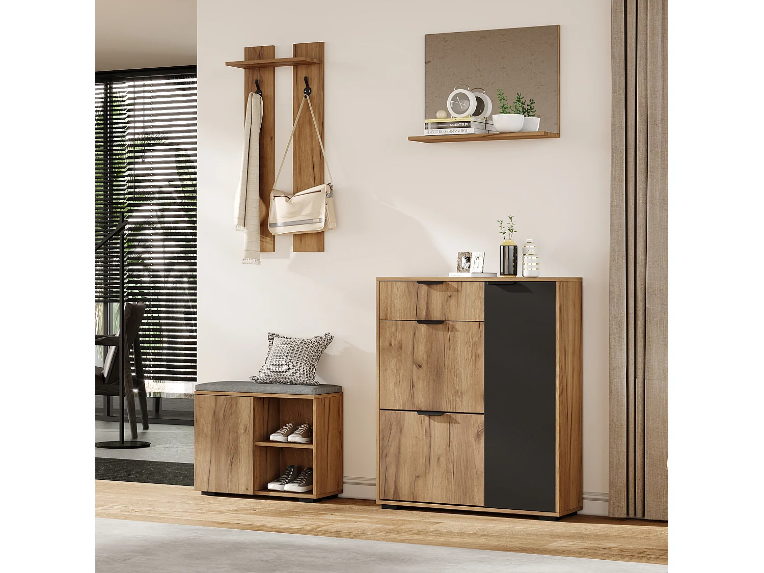 Komplet szaf przedpokojowych - 140 x 35 x 139 cm - z ławką i szafką na buty + 1 lustro + półka ścienna - płyta wiórowa - kolor naturalny + czarny