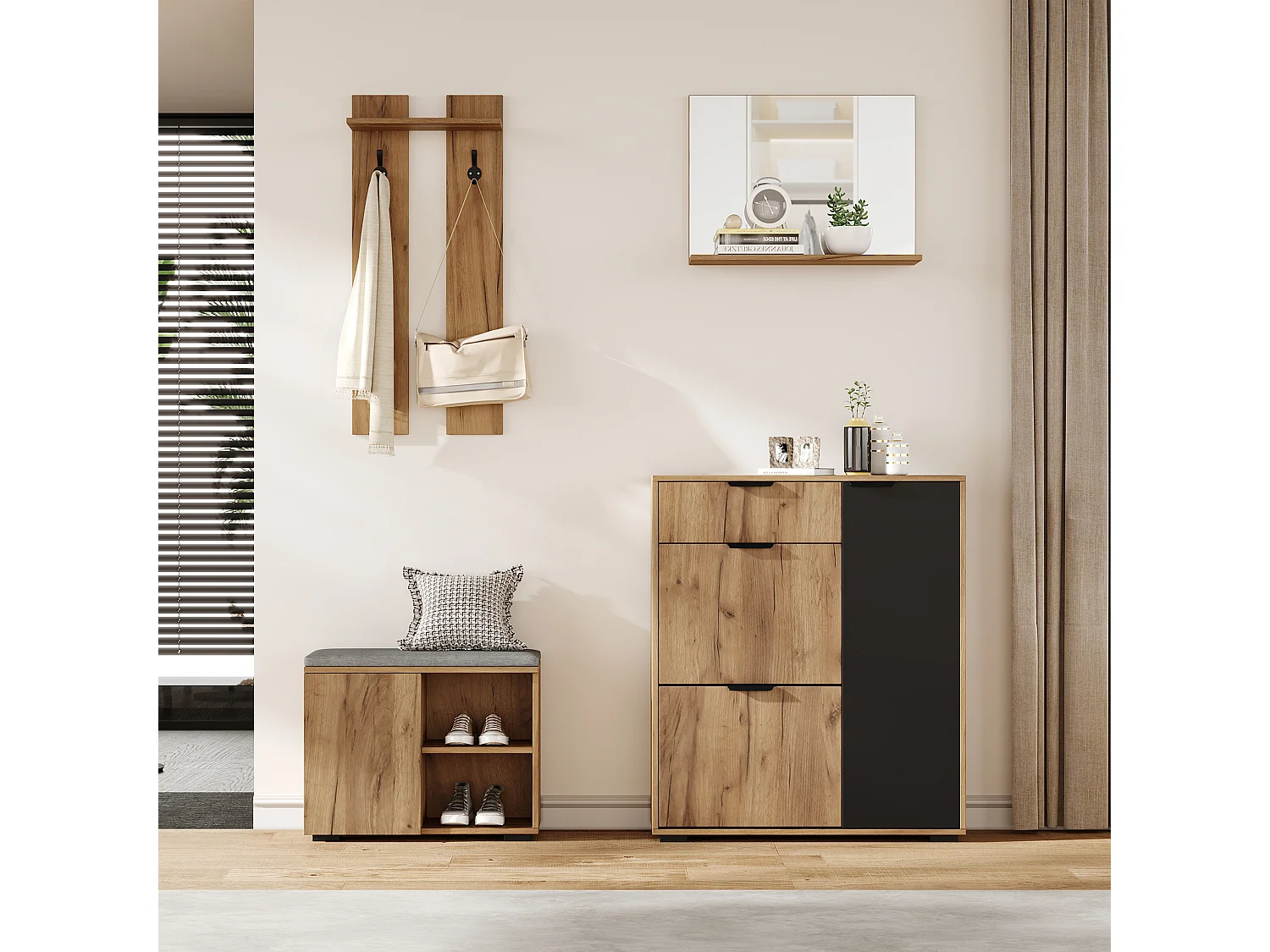 Komplet szaf przedpokojowych - 140 x 35 x 139 cm - z ławką i szafką na buty + 1 lustro + półka ścienna - płyta wiórowa - kolor naturalny + czarny