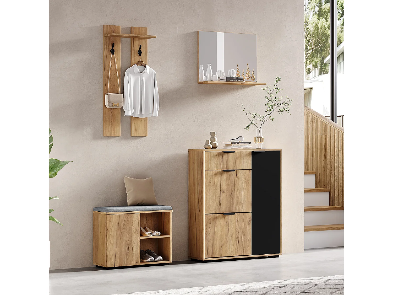 Komplet szaf przedpokojowych - 140 x 35 x 139 cm - z ławką i szafką na buty + 1 lustro + półka ścienna - płyta wiórowa - kolor naturalny + czarny