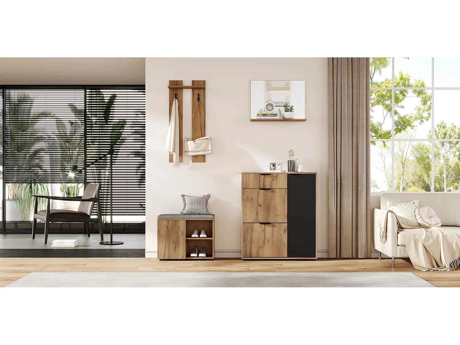 Komplet szaf przedpokojowych - 140 x 35 x 139 cm - z ławką i szafką na buty + 1 lustro + półka ścienna - płyta wiórowa - kolor naturalny + czarny