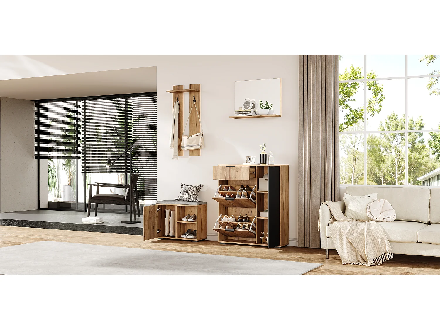 Komplet szaf przedpokojowych - 140 x 35 x 139 cm - z ławką i szafką na buty + 1 lustro + półka ścienna - płyta wiórowa - kolor naturalny + czarny