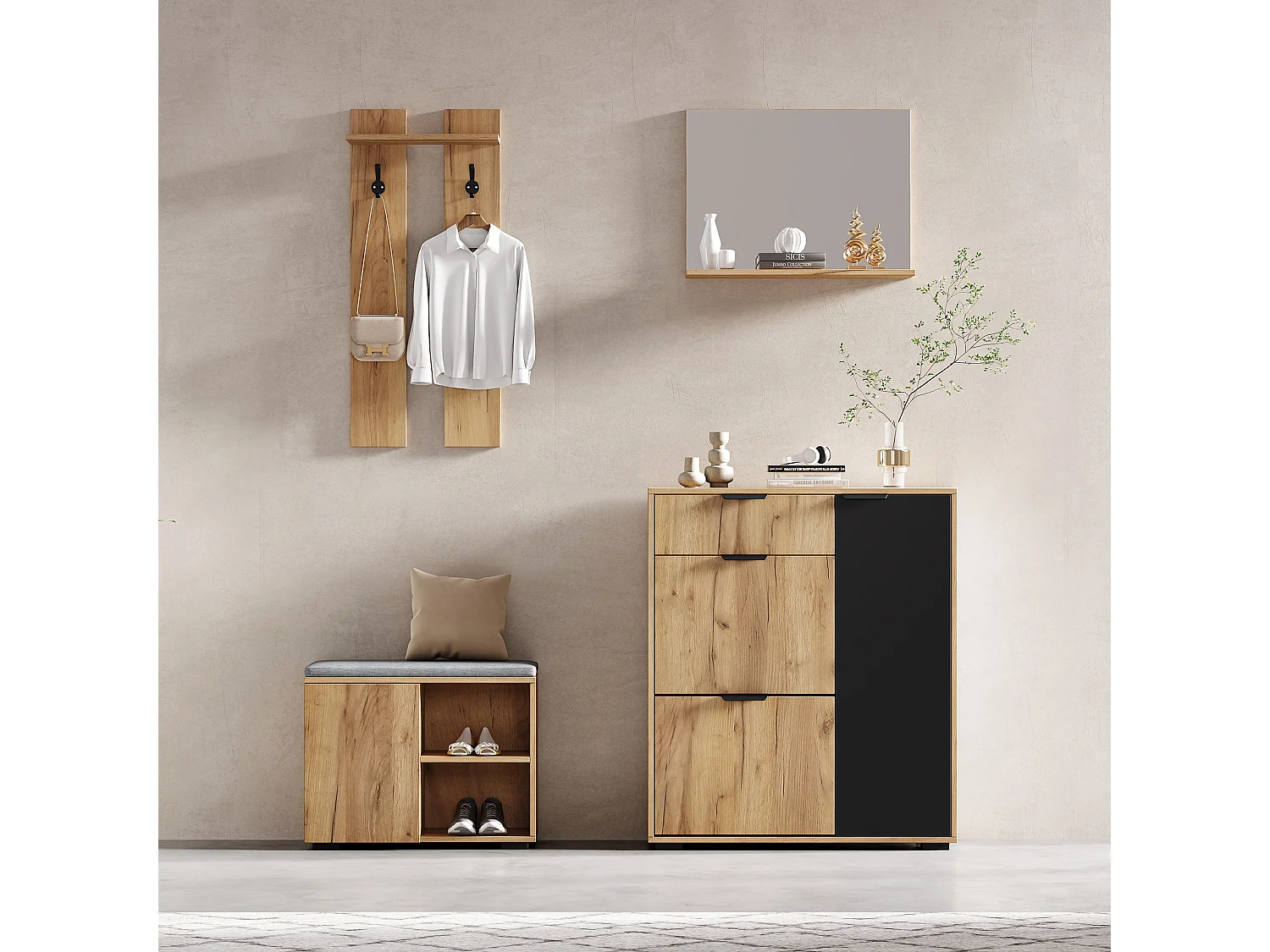 Komplet szaf przedpokojowych - 140 x 35 x 139 cm - z ławką i szafką na buty + 1 lustro + półka ścienna - płyta wiórowa - kolor naturalny + czarny