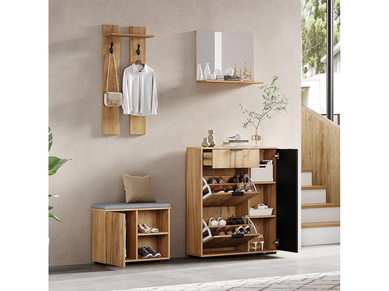 Komplet szaf przedpokojowych - 140 x 35 x 139 cm - z ławką i szafką na buty + 1 lustro + półka ścienna - płyta wiórowa - kolor naturalny + czarny