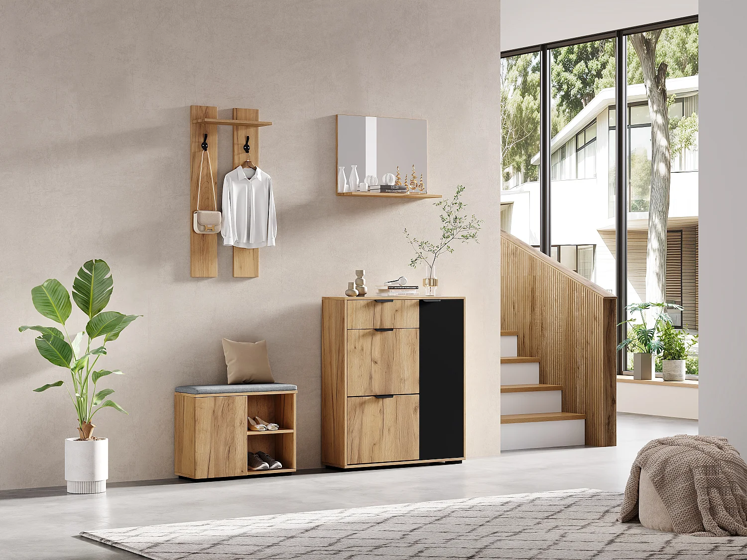 Komplet szaf przedpokojowych - 140 x 35 x 139 cm - z ławką i szafką na buty + 1 lustro + półka ścienna - płyta wiórowa - kolor naturalny + czarny