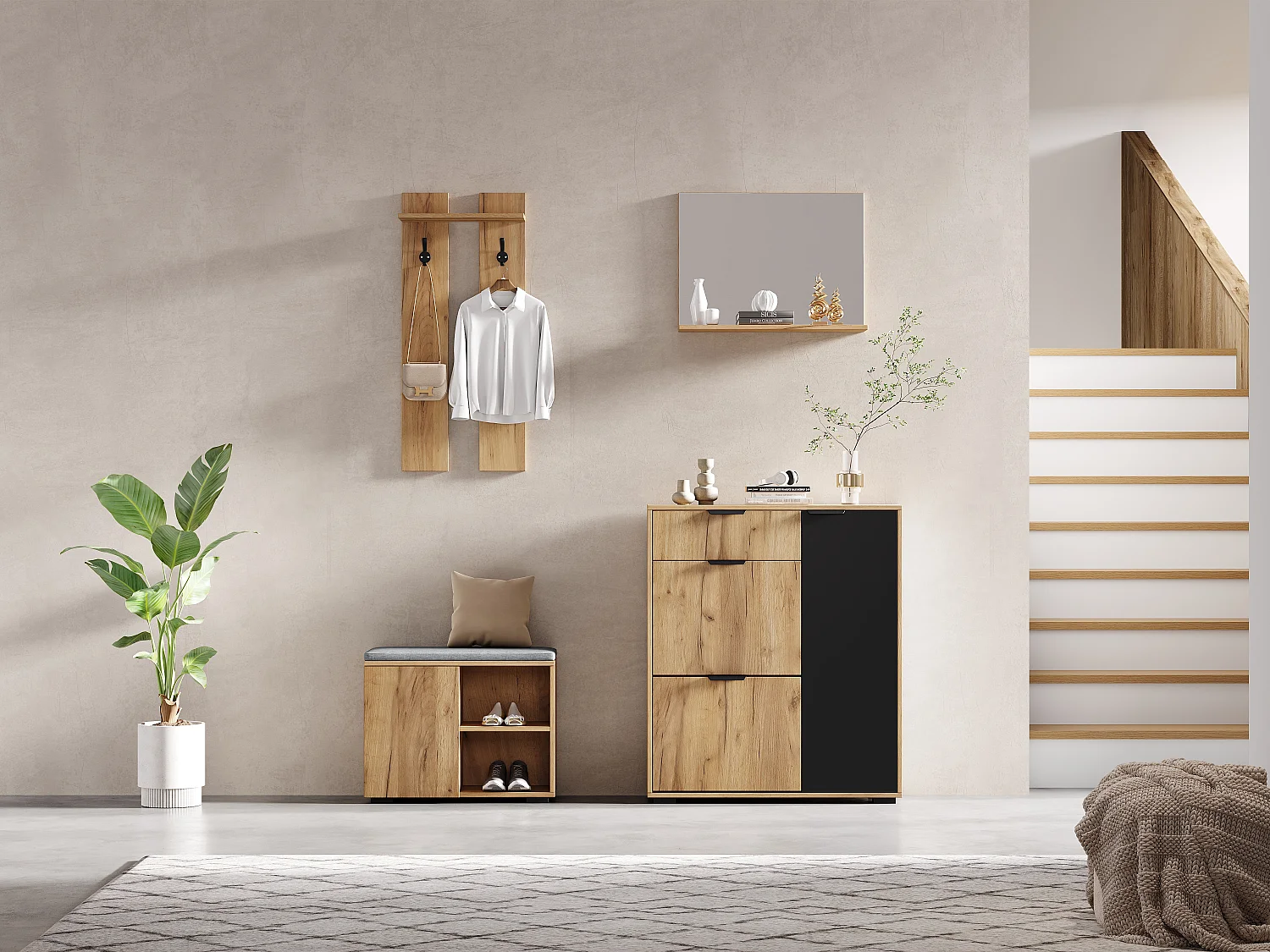 Komplet szaf przedpokojowych - 140 x 35 x 139 cm - z ławką i szafką na buty + 1 lustro + półka ścienna - płyta wiórowa - kolor naturalny + czarny