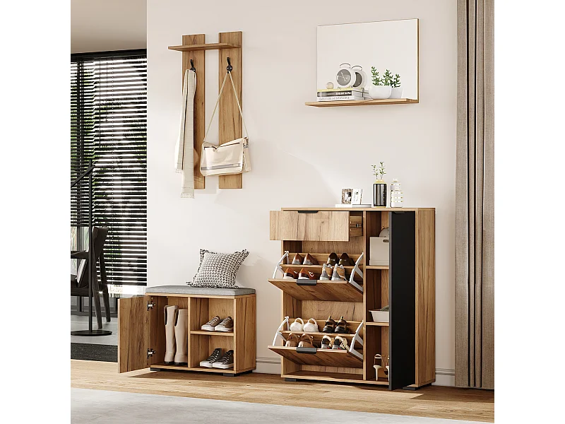 Komplet szaf przedpokojowych - 140 x 35 x 139 cm - z ławką i szafką na buty + 1 lustro + półka ścienna - płyta wiórowa - kolor naturalny + czarny