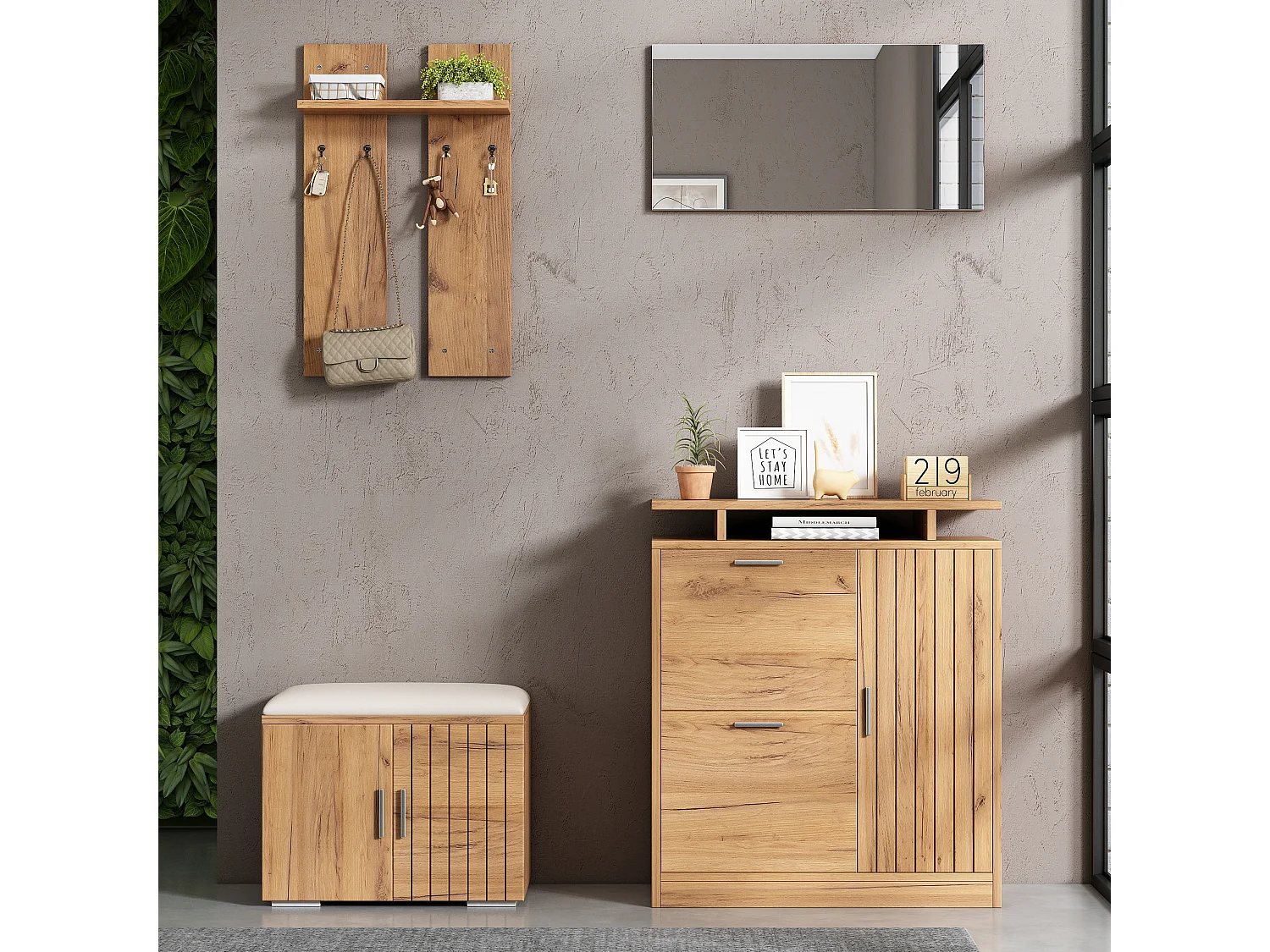 Garderoben-Set für den Eingangsbereich – 140 x 35 x 133 cm – mit Sitzbank und Schuhschrank + 1 Spiegel + Wandregal – Spanplatte – natur