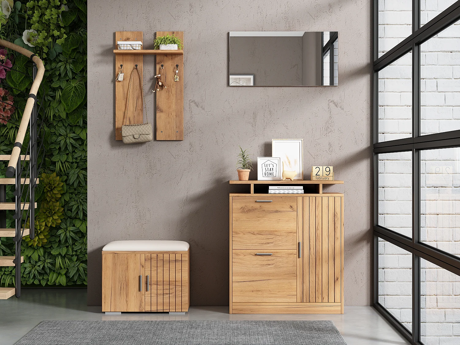 Garderoben-Set für den Eingangsbereich – 140 x 35 x 133 cm – mit Sitzbank und Schuhschrank + 1 Spiegel + Wandregal – Spanplatte – natur