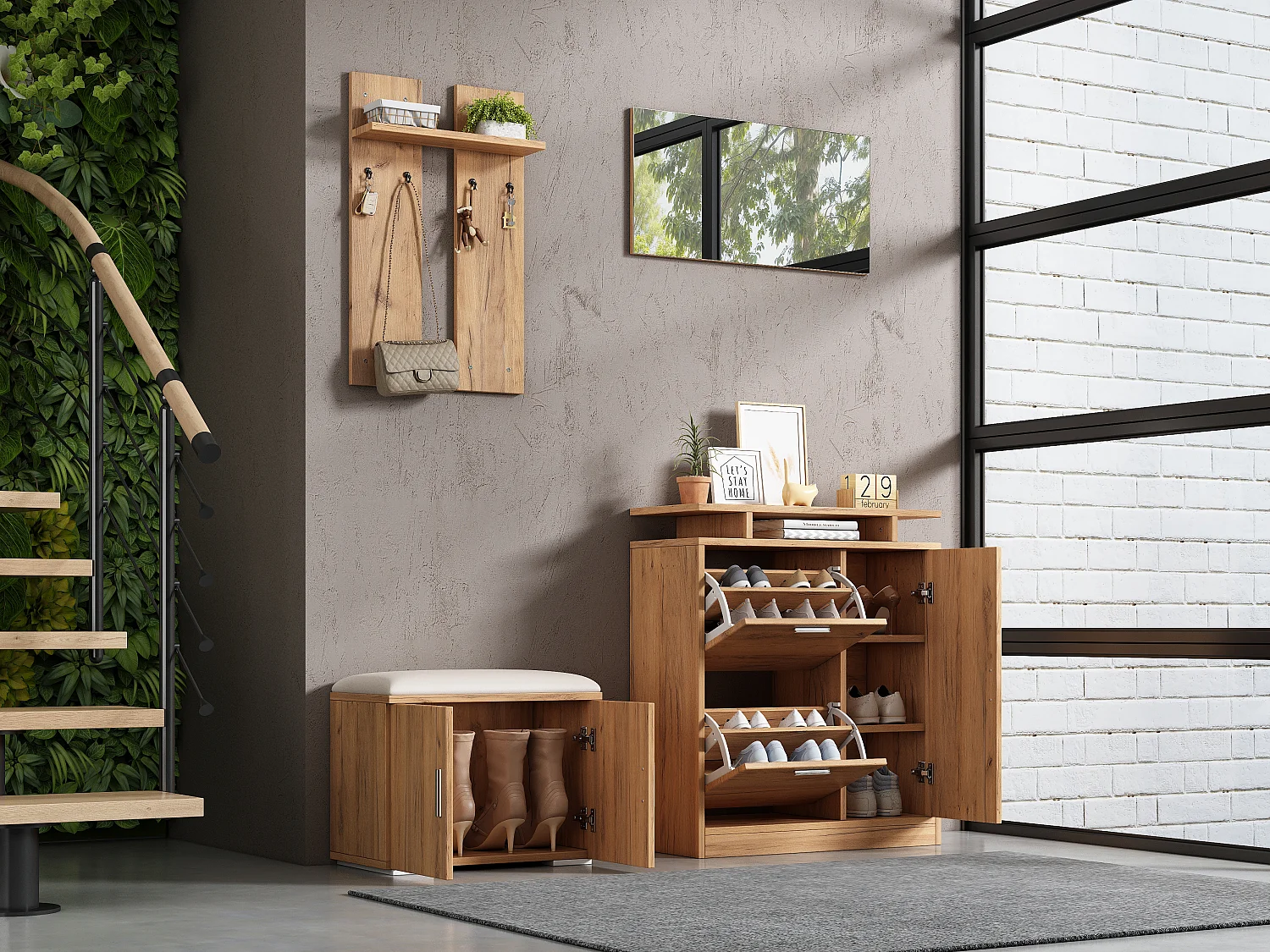 Garderoben-Set für den Eingangsbereich – 140 x 35 x 133 cm – mit Sitzbank und Schuhschrank + 1 Spiegel + Wandregal – Spanplatte – natur