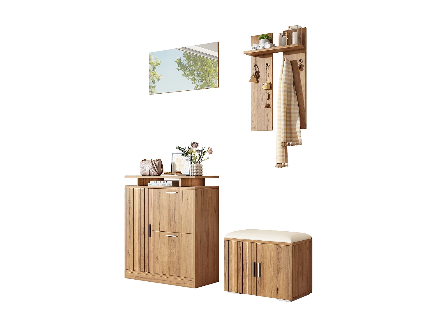 Garderoben-Set für den Eingangsbereich – 140 x 35 x 133 cm – mit Sitzbank und Schuhschrank + 1 Spiegel + Wandregal – Spanplatte – natur