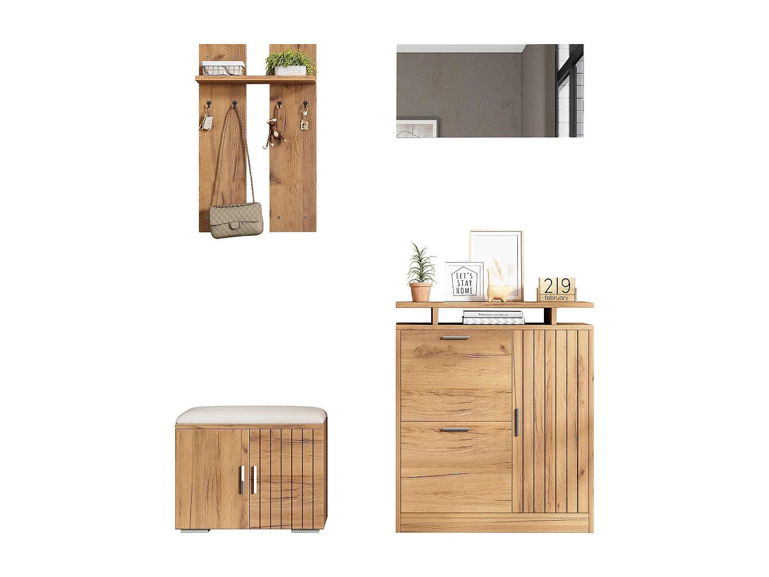 Garderoben-Set für den Eingangsbereich – 140 x 35 x 133 cm – mit Sitzbank und Schuhschrank + 1 Spiegel + Wandregal – Spanplatte – natur