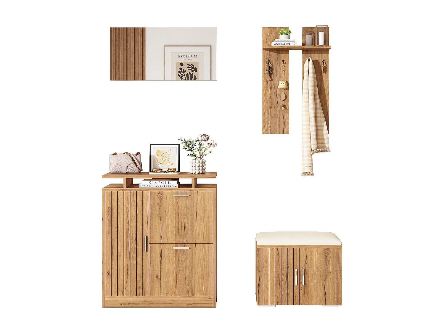 Garderoben-Set für den Eingangsbereich – 140 x 35 x 133 cm – mit Sitzbank und Schuhschrank + 1 Spiegel + Wandregal – Spanplatte – natur