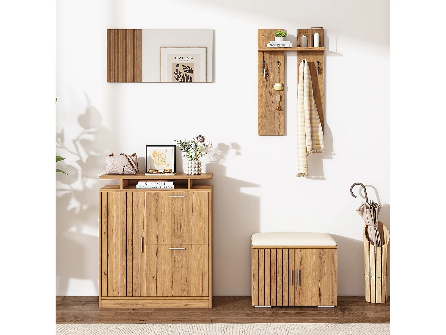 Garderoben-Set für den Eingangsbereich – 140 x 35 x 133 cm – mit Sitzbank und Schuhschrank + 1 Spiegel + Wandregal – Spanplatte – natur