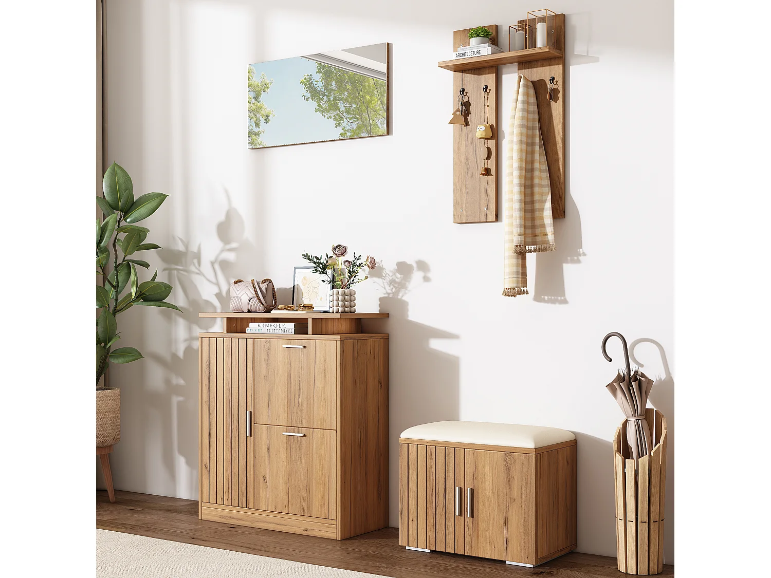 Garderoben-Set für den Eingangsbereich – 140 x 35 x 133 cm – mit Sitzbank und Schuhschrank + 1 Spiegel + Wandregal – Spanplatte – natur