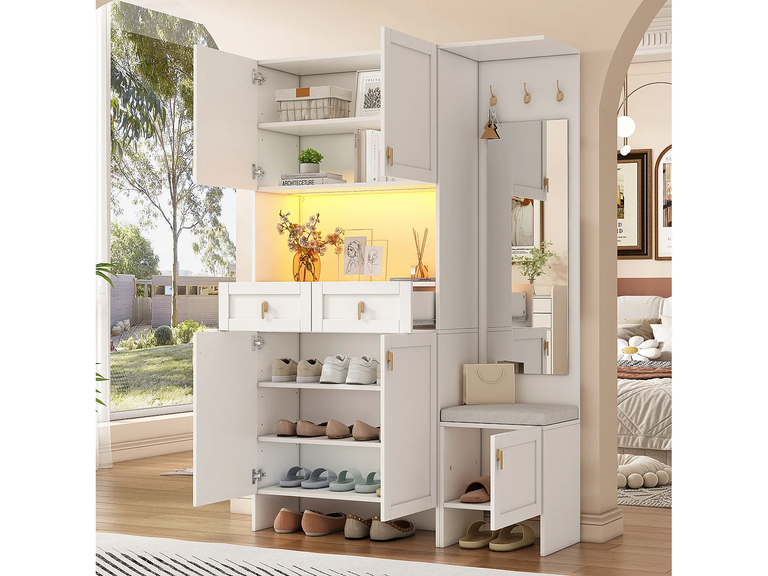 Ensemble armoire/vestiaire - 120 x 33.5 x 180 cm - avec banc + meuble à chaussures + 3 crochets + 2 tiroirs + 1 miroir - aggloméré - blanc