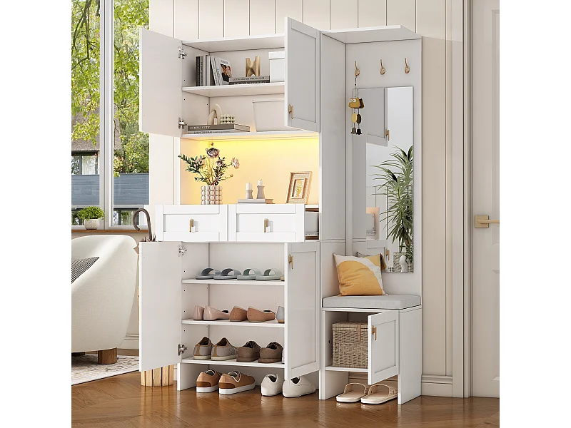 Ensemble armoire/vestiaire - 120 x 33.5 x 180 cm - avec banc + meuble à chaussures + 3 crochets + 2 tiroirs + 1 miroir - aggloméré - blanc