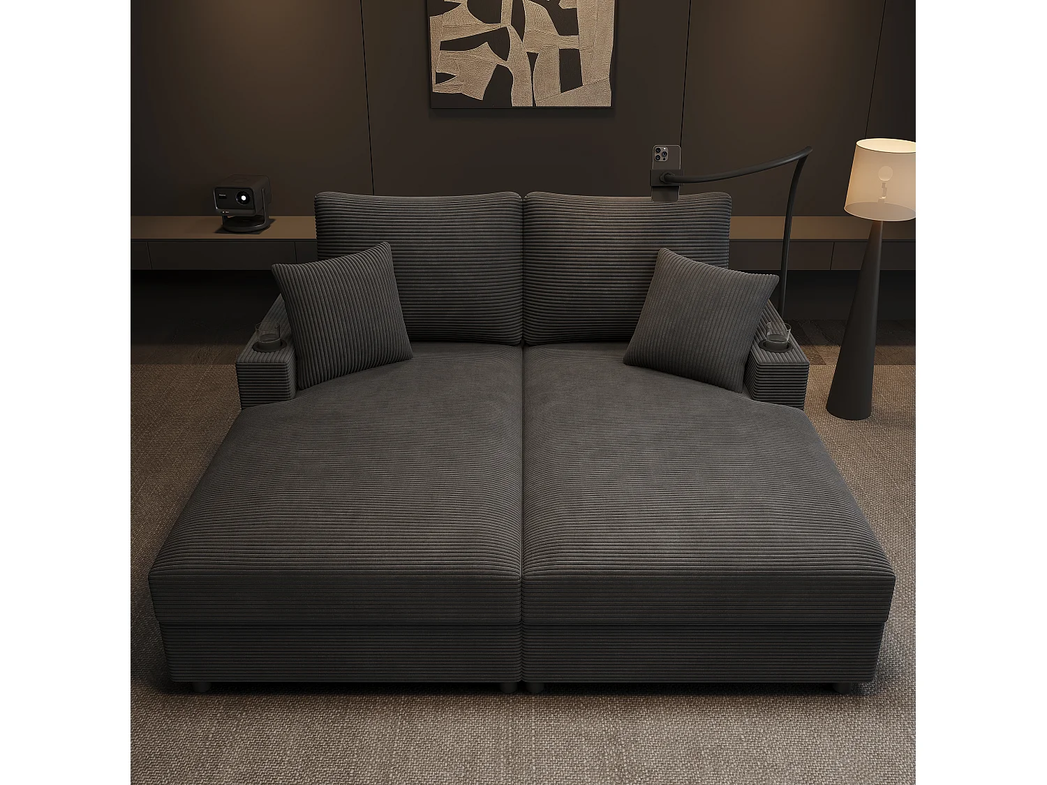 Canapé-lit 2 places fonction couchage - 163 x 140 x 82 cm - avec dossier rembourré + USB + porte-gobelet - velours - gris