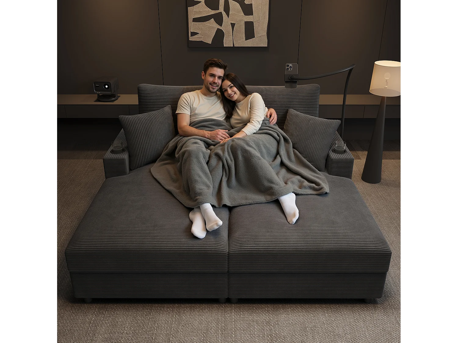 Canapé-lit 2 places fonction couchage - 163 x 140 x 82 cm - avec dossier rembourré + USB + porte-gobelet - velours - gris