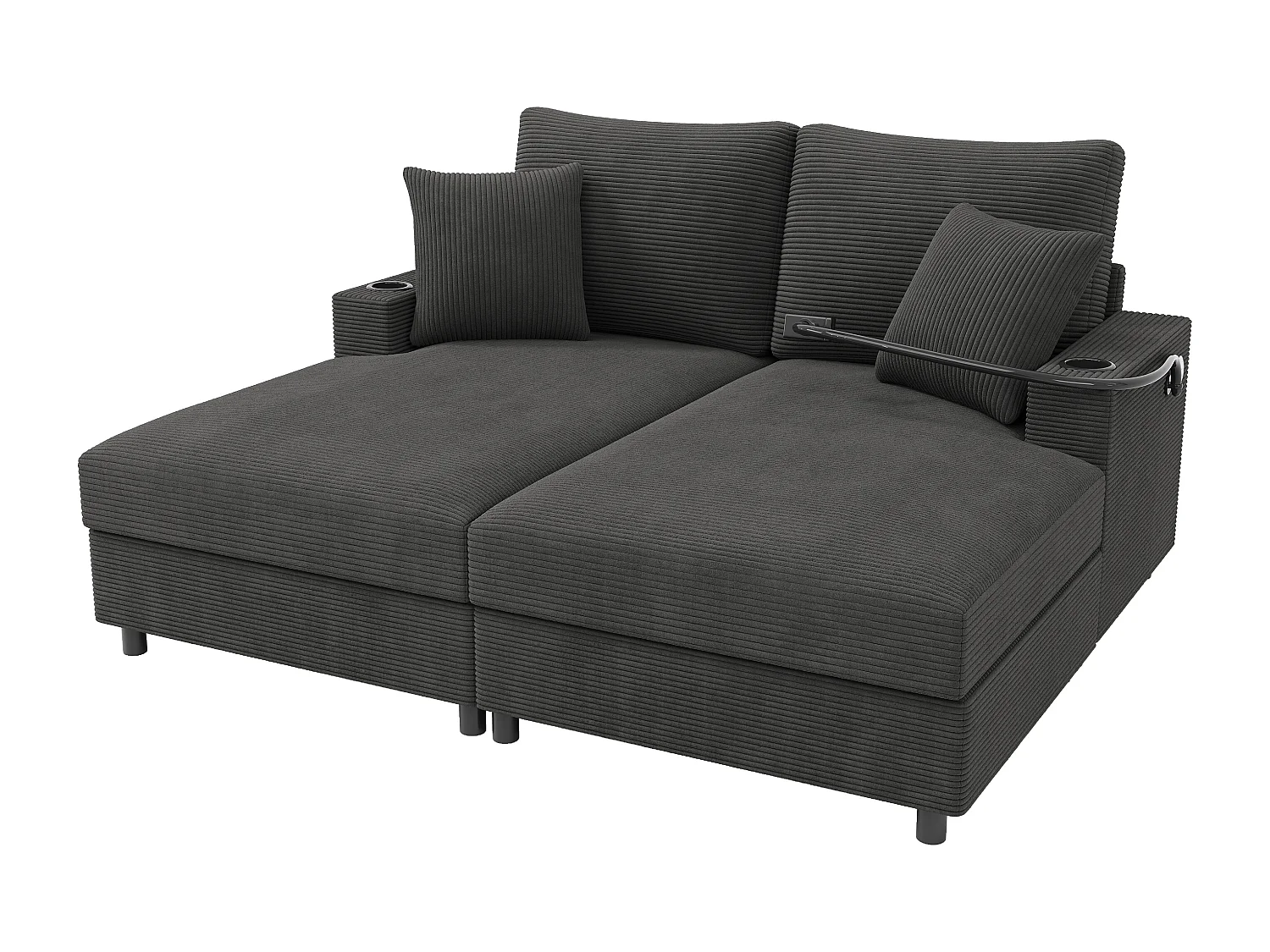 Canapé-lit 2 places fonction couchage - 163 x 140 x 82 cm - avec dossier rembourré + USB + porte-gobelet - velours - gris