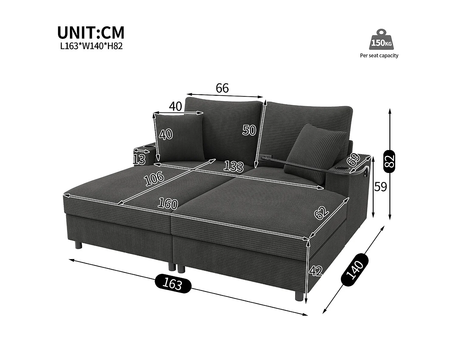 Canapé-lit 2 places fonction couchage - 163 x 140 x 82 cm - avec dossier rembourré + USB + porte-gobelet - velours - gris