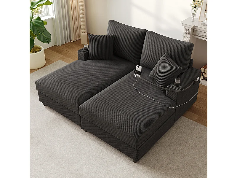 Canapé-lit 2 places fonction couchage - 163 x 140 x 82 cm - avec dossier rembourré + USB + porte-gobelet - velours - gris