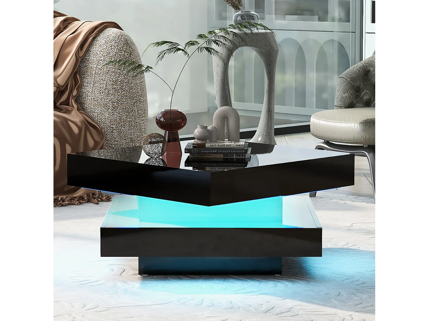 Table basse laquée brillante avec plateau pivotant à 360°- avec Leds - 70 x 70 x 36 cm - aggloméré - noir
