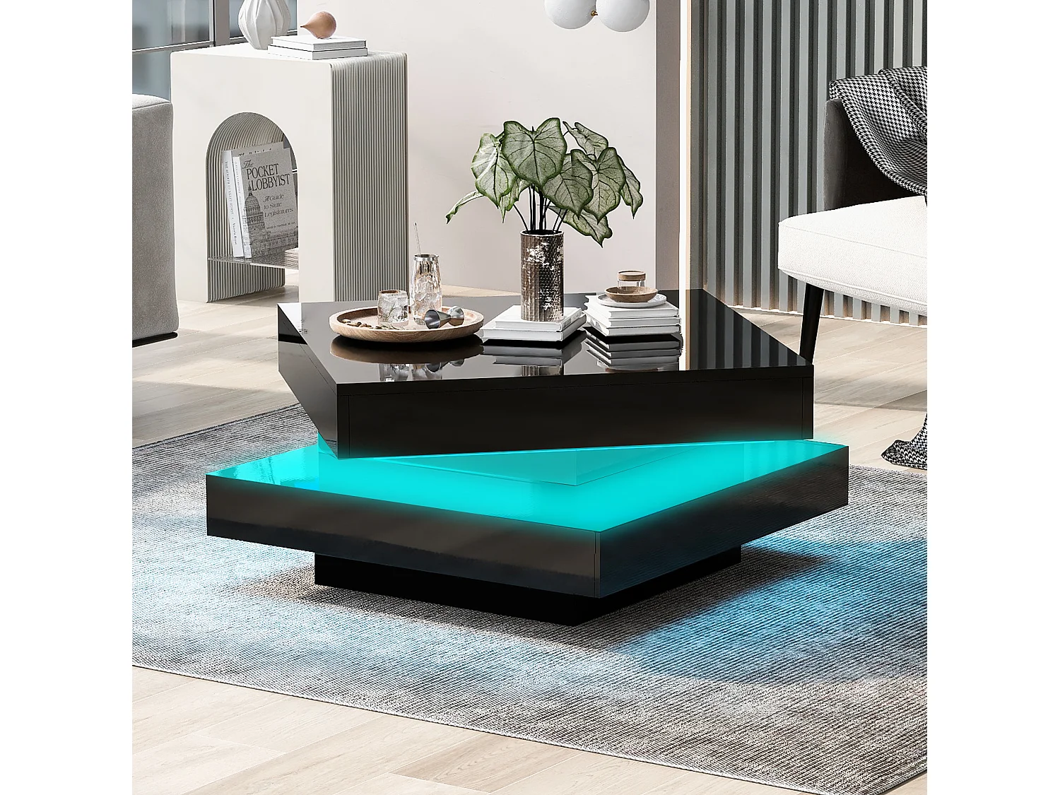 Table basse laquée brillante avec plateau pivotant à 360°- avec Leds - 70 x 70 x 36 cm - aggloméré - noir