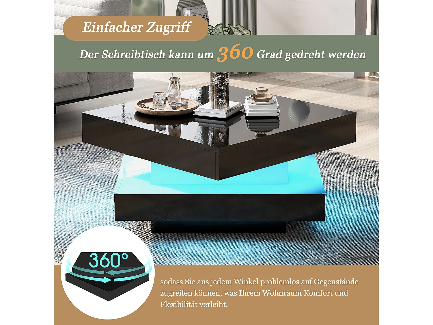 Table basse laquée brillante avec plateau pivotant à 360°- avec Leds - 70 x 70 x 36 cm - aggloméré - noir