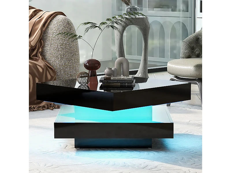 Table basse laquée brillante avec plateau pivotant à 360°- avec Leds - 70 x 70 x 36 cm - aggloméré - noir