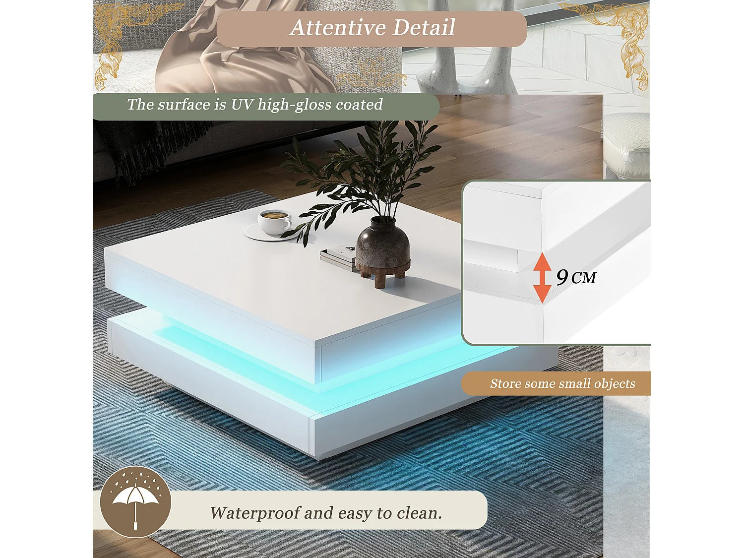 Table basse laquée brillante avec plateau pivotant à 360°- avec Leds - 70 x 70 x 36 cm - aggloméré - blanc