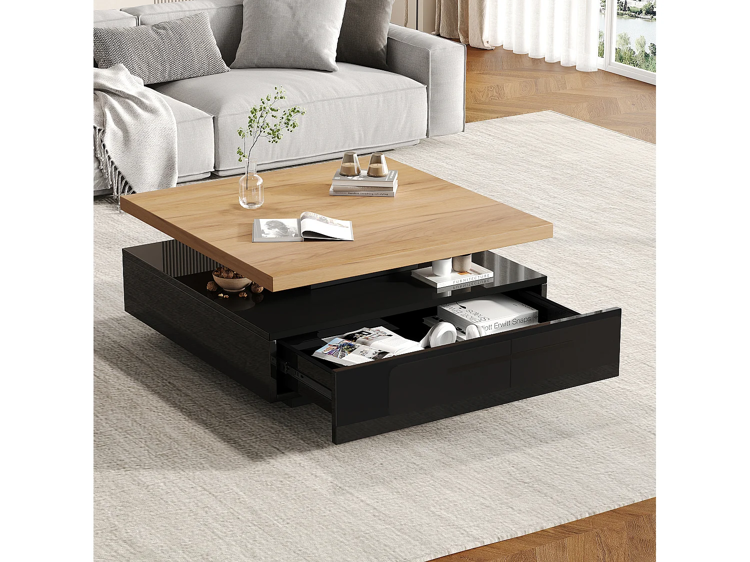 Table basse carrée avec 1 tiroir + plateau pivotant à 360° - 70 x 70 x 36 cm - aggloméré - noir + naturel